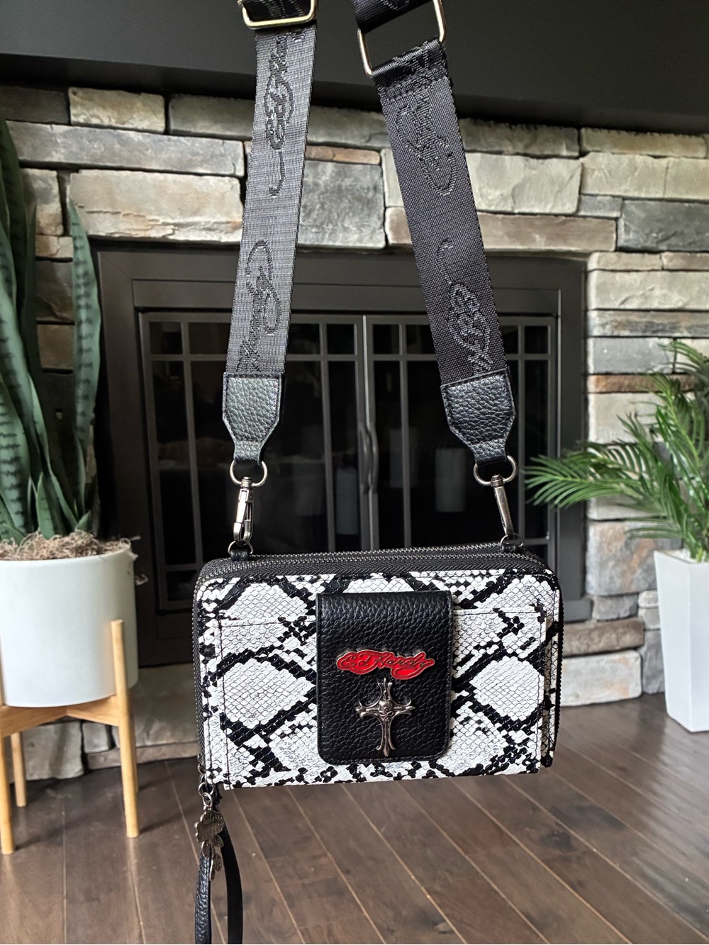 Ed Hardy Black & White Snakeskin Crossbody Bag with Red Logo